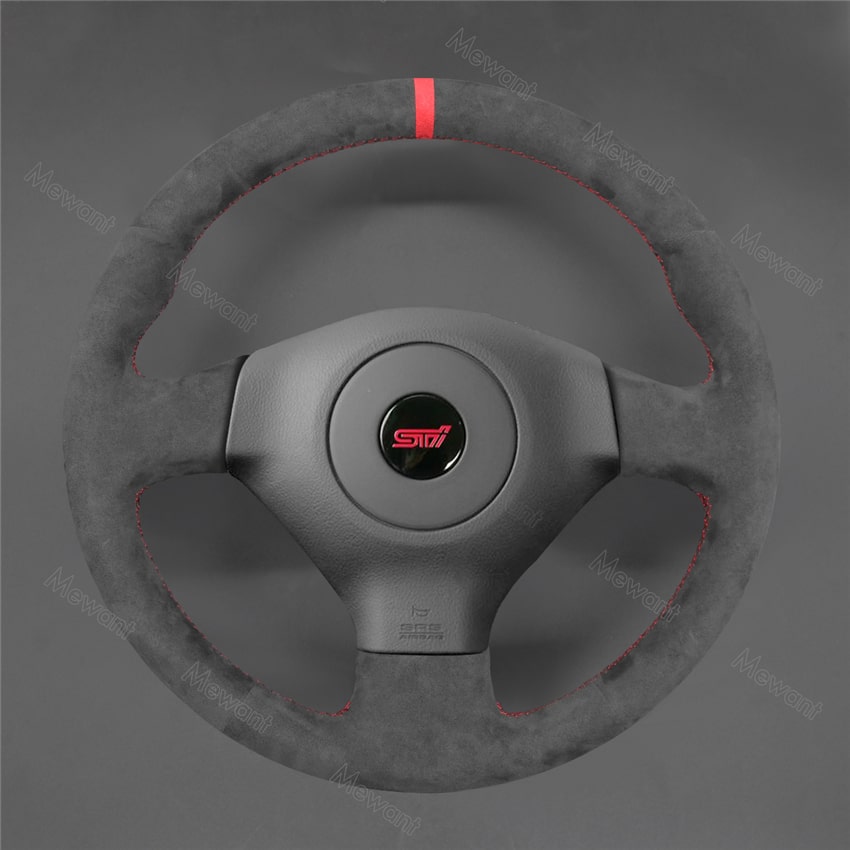 Housse De Volant MEWANT Sur Mesure En Daim Pour Subaru Impreza WRX STI 2004 - Noir Avec Bande Rouge Et Surpiqûres Rouges